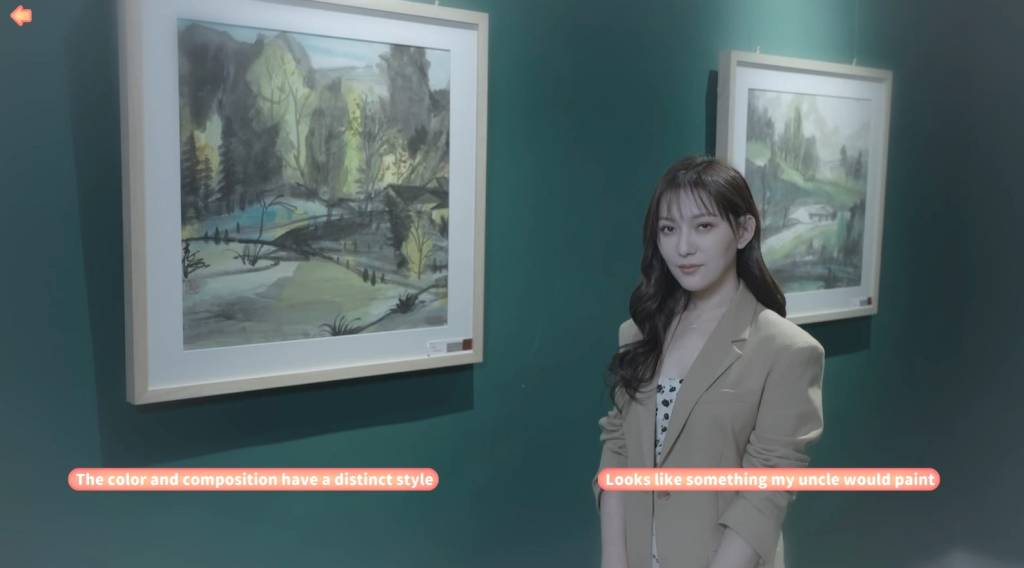 A woman standing in front of a watercolour landscape painting. Choice 1: The color and compositions have a distinct style. 2: Looks like something my uncle would paint