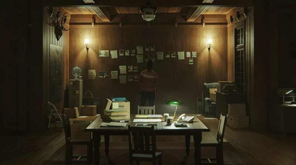 A room with a murder board, desk, lights, TV