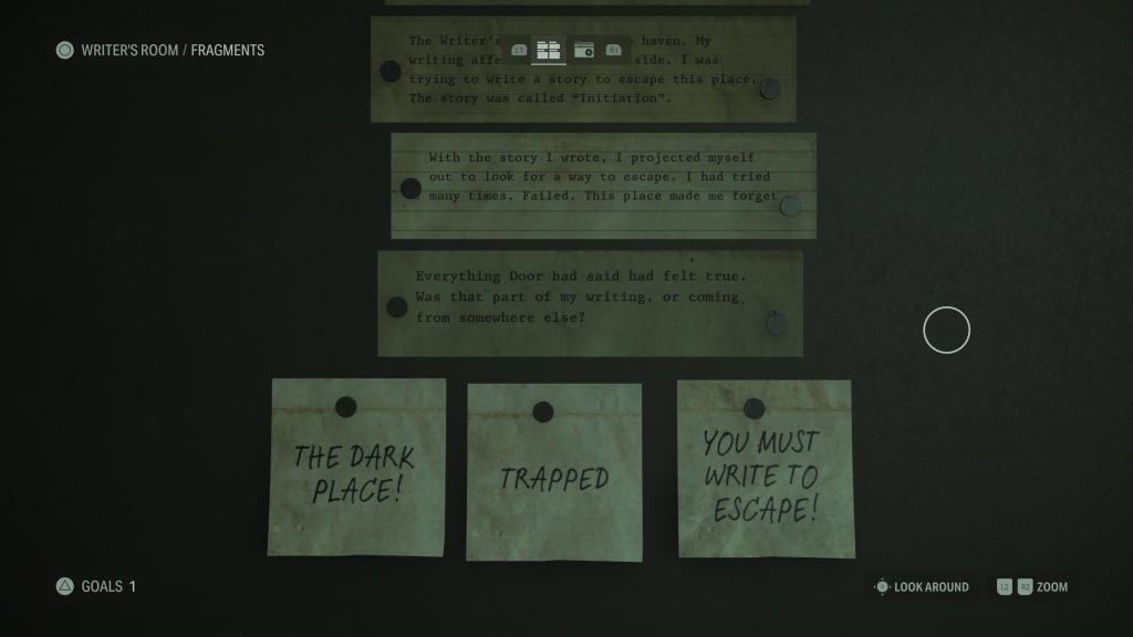 Three post-its on a writers room wall, saying "The Dark Place", "Trapped", and "You Must Write to Escape!"